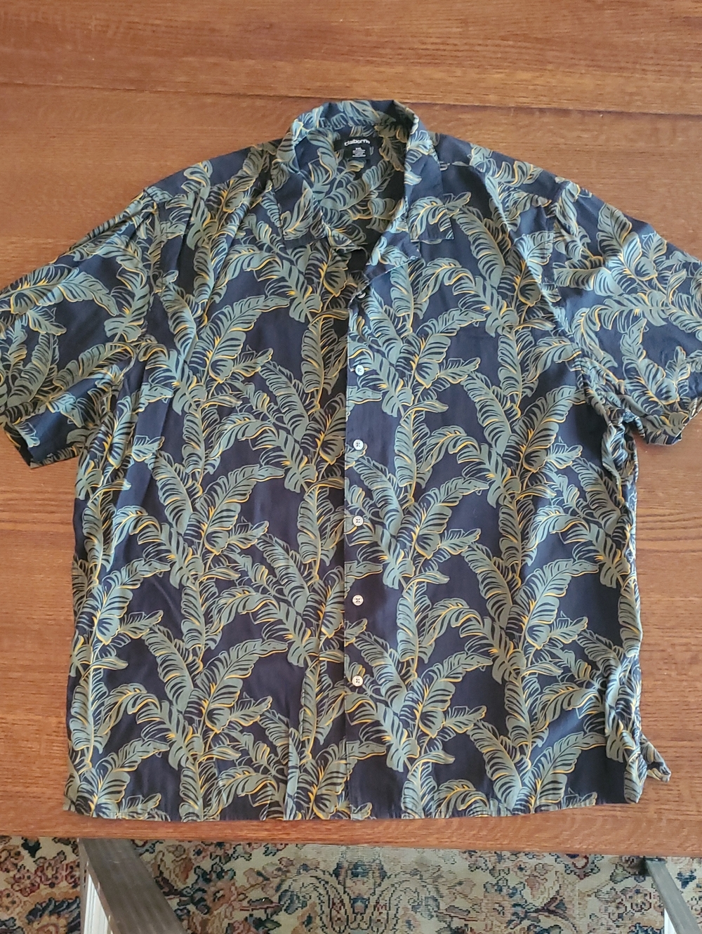 Claiborne Black Hawaiian Shirt with Green and Gold Leaf Print